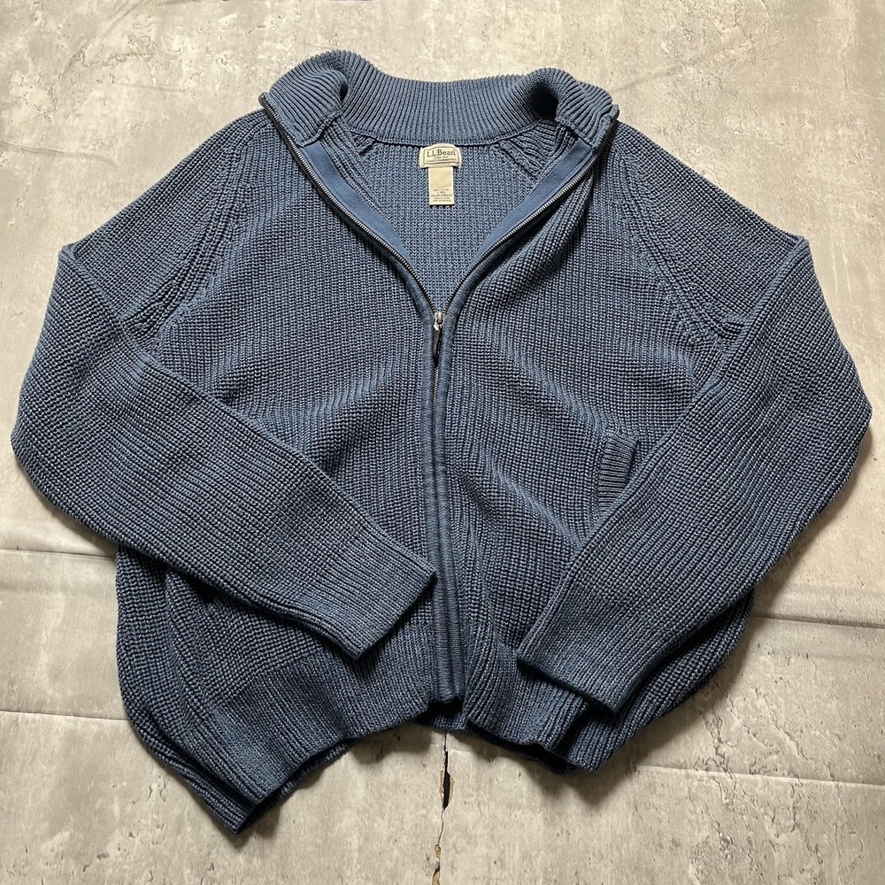 LL Bean Full Zip Sweater Mens Large Cotton Knit Ribbed Grey  Cardigan Blue